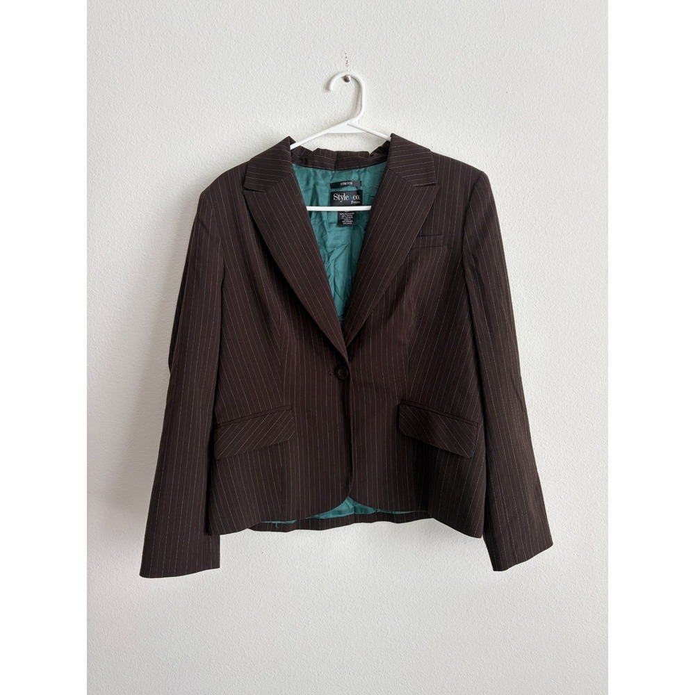 Style & Co Blazer Jacket Womens 12P Brown Pinstripe Stretch Peak Lapel Business